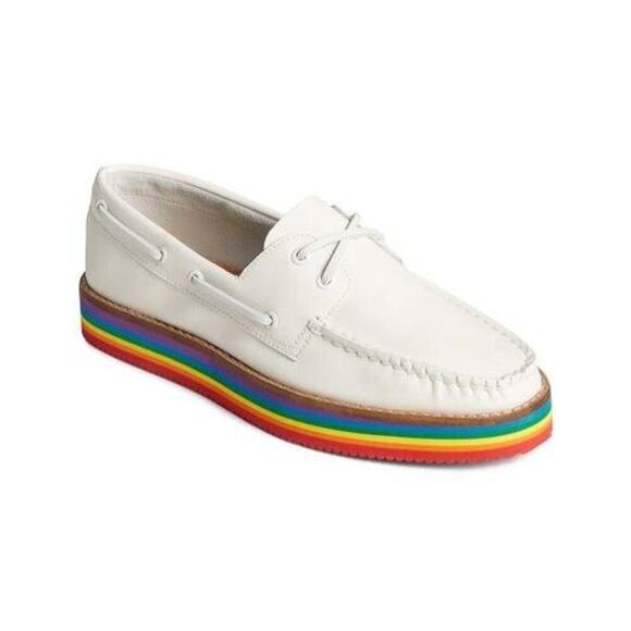 Sperry Top-Sider Boat Shoes White Pride Authentic Leather Women's Size 9.5 NEW - Picture 1 of 10